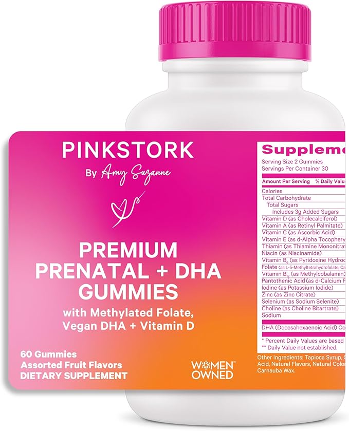 Pink Stork Premium Prenatal Gummy Vitamins with DHA, Folate, and Vitamin D - Multivitamin and Nutrient Blend for Neural Tube and Fetal Brain Development - Pregnancy Must Haves - 60 Vegan Gummies