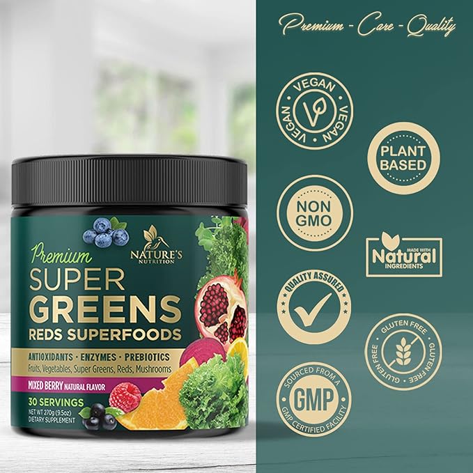 Super Greens Superfood Powder Drink Mix - Green Whole Food Blend for Energy & Gut Health with Spirulina, Chlorella, Mushrooms, Vegetables, Digestive Enzymes Antioxidant & Probiotics - 30 Servings