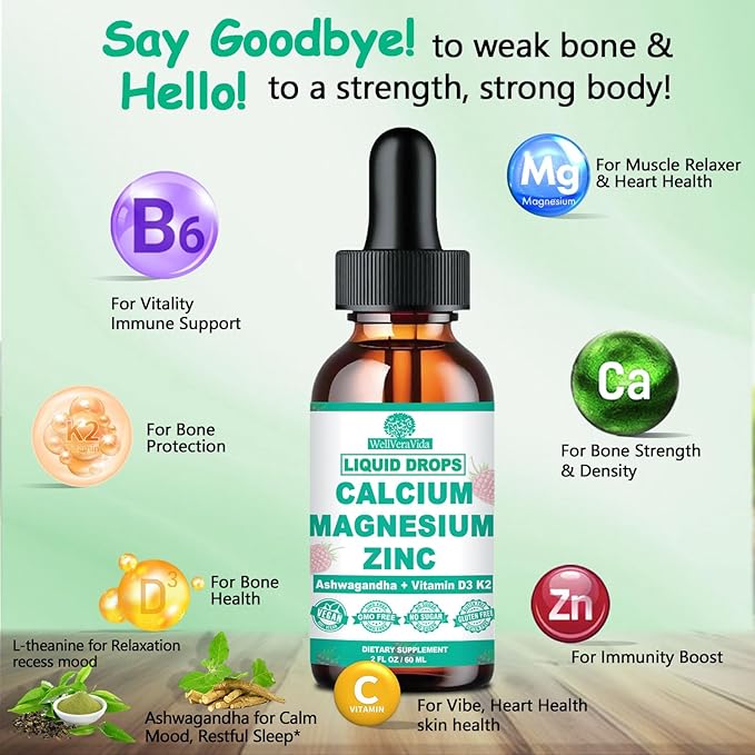 Calcium Magnesium Zinc D3 with Calm Magnesium Glycinate Plus Ashwagandha, L-Theanine, Liquid Calcium with Vitamin D3 and Magnesium Supplement for Immune, Bone, Muscle, Mood & Sleep Support
