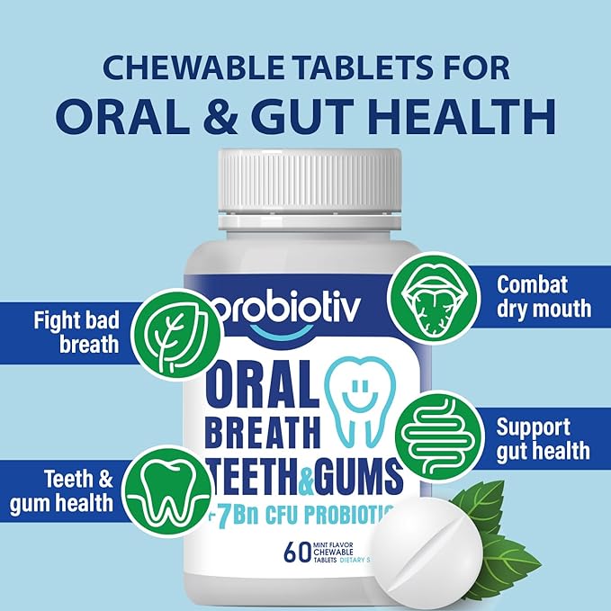 Oral Probiotics for Mouth Bad Breath 7 Billion CFU – Chewable Dental Probiotic for Teeth and Gums & Fresh Breath, Combats Dry Mouth, Halitosis & Supports Gut Health (60 Count (Pack of 1))