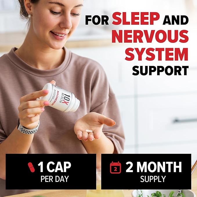 10X Health Magnesium Citrate Capsules - Magnesium Supplement for Adults to Support Sleep, Muscle Function, Stress, Cardiovascular & Heart Support - 60 Capsules