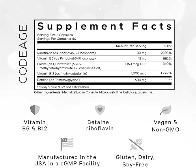 Codeage Methylfolate B Complex Supplements - 5 MTHF, Methylcobalamin 1000mcg Methylated Vitamin B12, Riboflavin, Betaine, Vitamins B6, Methylation Cycle MTHFR - 2 Months - 120 Capsules