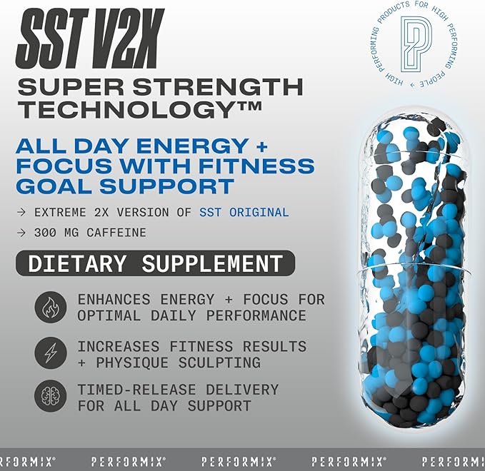 PERFORMIX - SST V2X - Pre Workout - 300 mg Caffeine - Energy Supplements - No Crash - Thermogenic - Nootropic - Timed-Release for All Day Focus, Mood & Energy Boost - Men & Women - 120 Capsules
