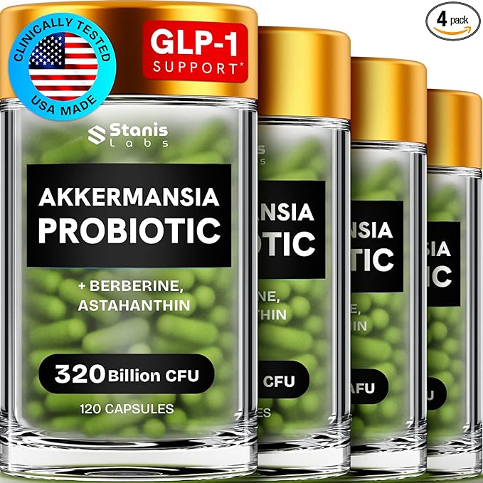 Akkermansia Probiotic 320 Billion CFU| GLP-1 Probiotic and Prebiotic | Akkermansia Muciniphila Probiotics For Women Digestive Health | Inulin Prebiotic Fiber Capsules Astaxanthin & Berberine 480 count