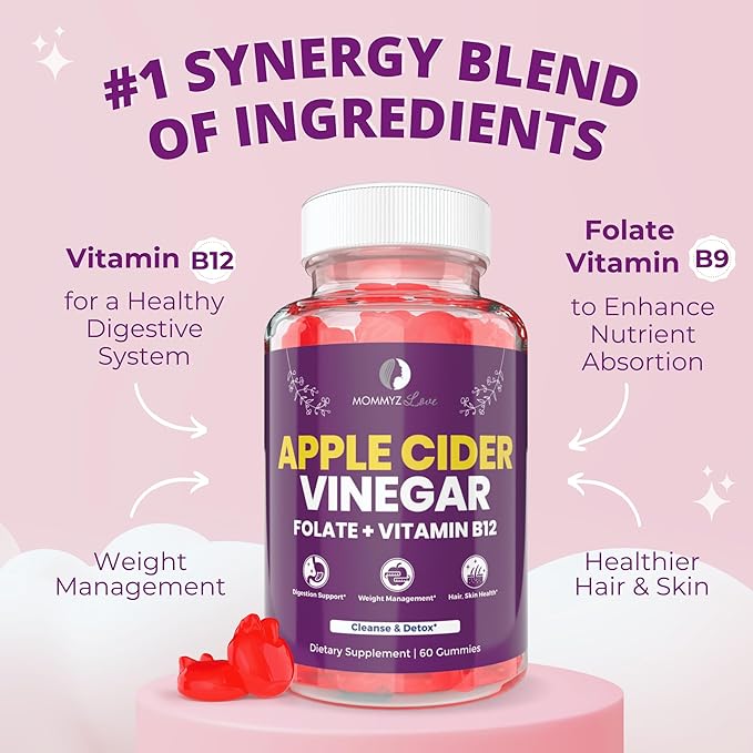 Mommyz Love Apple Cider Vinegar Gummies with Folate and Vitamin B12 - Nourishing Support for New Moms' Weight Management, Healthy Digestion and Radiant Hair and Skin Health