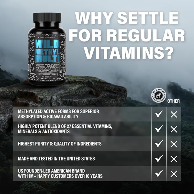 Wild Methylated Multivitamin for Women & Men | Daily Multi Vitamin | MTHFR Supplement Without Iron | Methylated B12, Folate, Vitamin C, A, K2, D, E, Choline, Biotin, ALA, CoQ10 & More (Pack of Two)