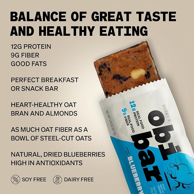 Obi Bar Blueberry - Protein and Oat Fiber Bar | All Natural | Meal Bar | Heart and Gut Health | Lightly Sweet | Natural Blueberries | Almond Chunks | Soy Free, Dairy Free | Breakfast Bar