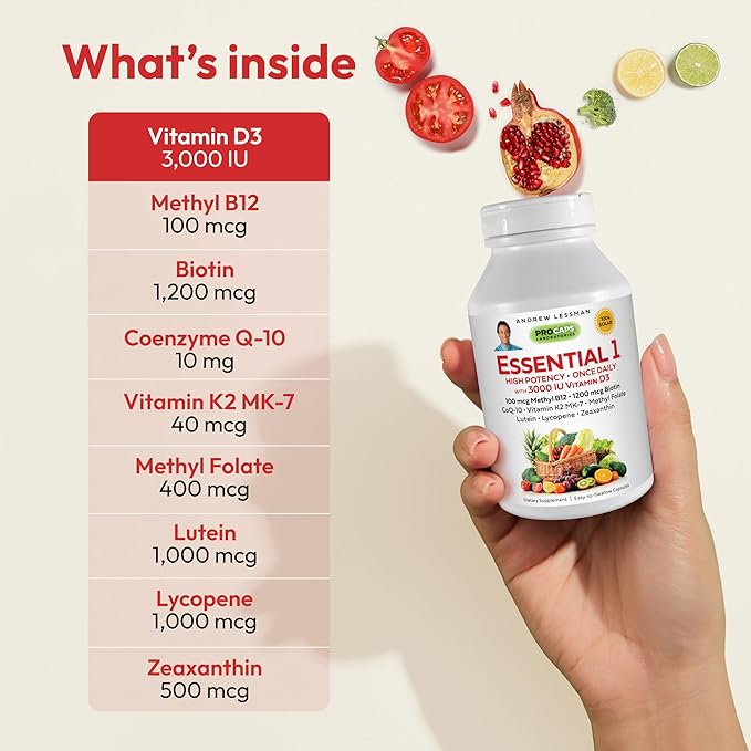 ANDREW LESSMAN Essential-1 Multivitamin 3000 IU Vitamin D3 30 Small Capsules – 100 mcg Methyl B12. CoQ10 Lutein Lycopene Zeaxanthin. High Potency. No Additives. Gentle Ultra-Mild. One Daily Capsule