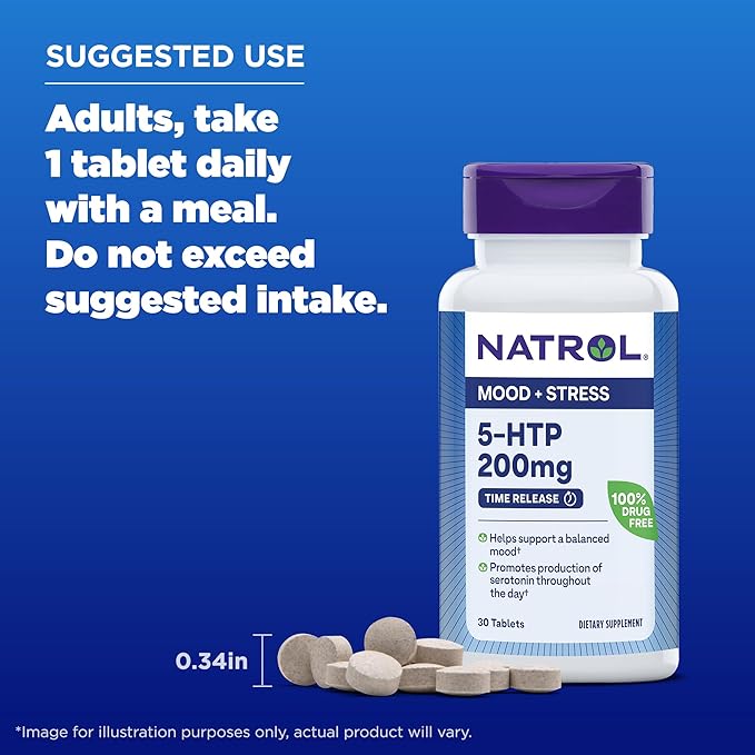 Natrol Mood + Stress 5-HTP 200mg Time Release Tablets, 30 Count, 30 Day Supply