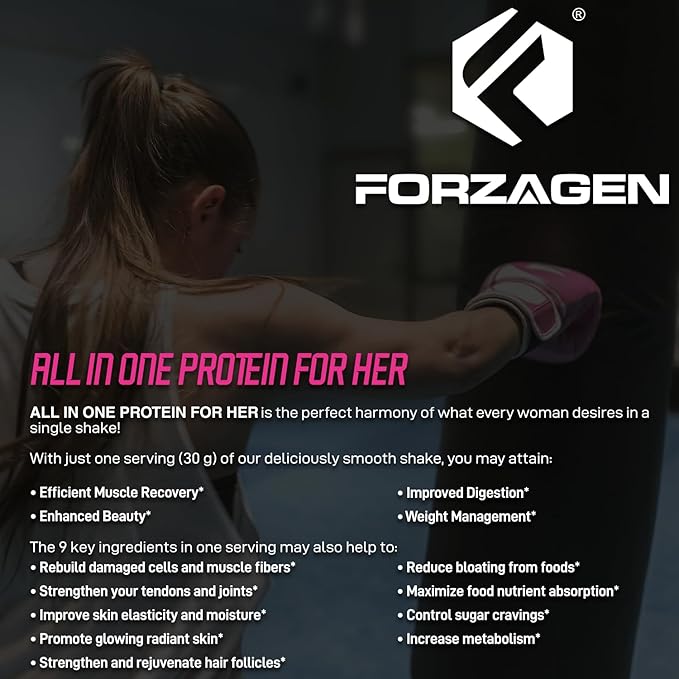 Forzagen All in One Protein for Her | Women’s Protein Powder with Multi Collagen Peptides | Hydrolyzed Collagen Supplement, Gut Health, Great for Pre & Post Workout | Vanilla, 30+ Servings