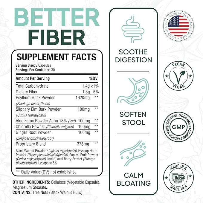 Better Fiber - Daily Fiber Supplement - Soften Stool for Effortless Bowel Movements - with Psyllium Hulk and Slippery Elm - 90 Capsules