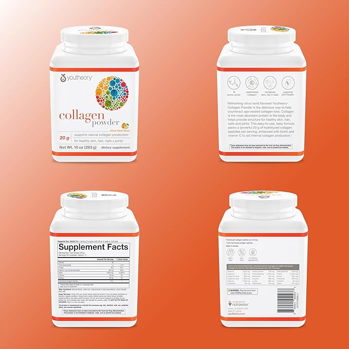 Youtheory Collagen Powder - Premium Collagen Supplement with Vitamin C & Biotin - Supports Healthy Hair, Nails, Skin & Joints* - Dairy, Soy & Gluten Free - Citrus Twist, 10 oz