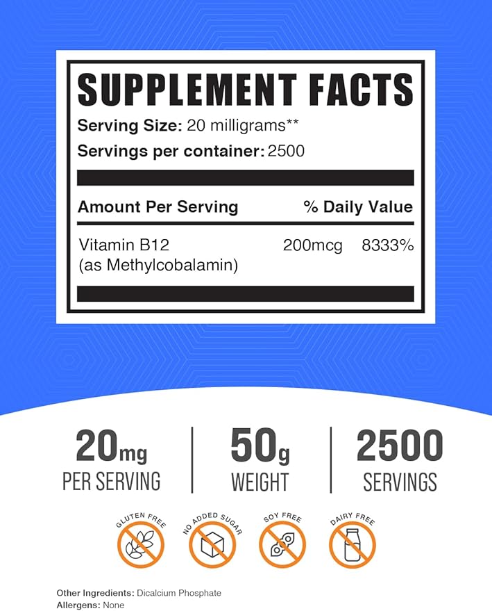 BulkSupplements.com Vitamin B12 Methylcobalamin Powder - 1% B12 Methylcobalamin, Essential B Vitamin - B12 Supplement, Gluten Free, 20mg per Serving, 50g (1.8 oz) (Pack of 1)