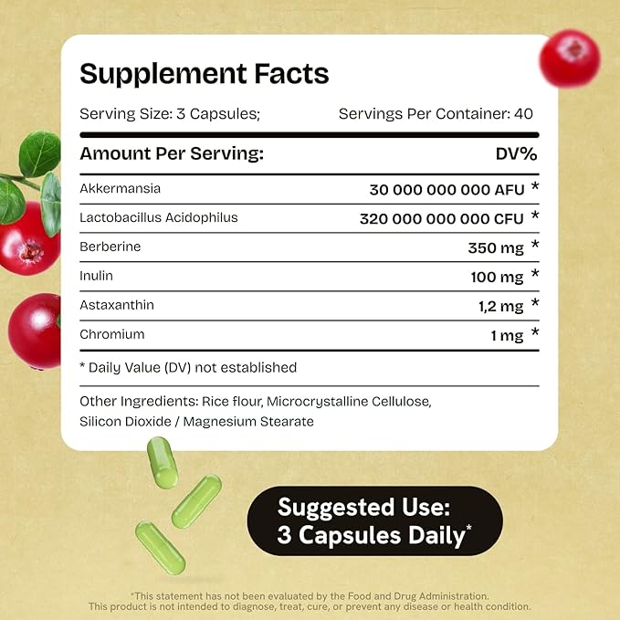 Akkermansia Probiotic 320 Billion CFU| GLP-1 Probiotic and Prebiotic | Akkermansia Muciniphila Probiotics For Women Digestive Health | Inulin Prebiotic Fiber Capsules Astaxanthin & Berberine 480 count
