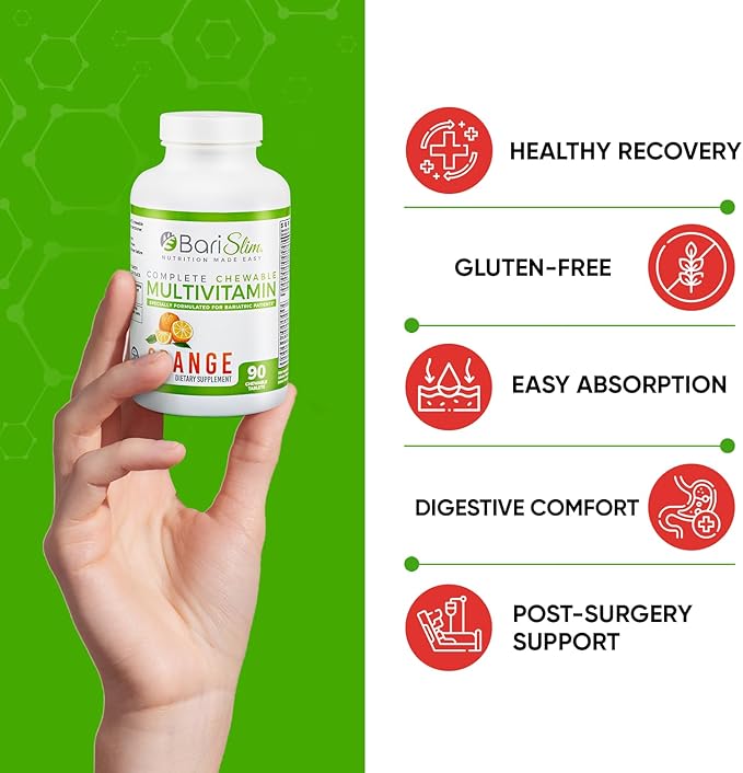 BariSlim Complete Chewable Bariatric Multivitamin Tablets - 45 mg Iron Bariatric Vitamin & Supplement for Post Bariatric Surgery Including Gastric Bypass & Sleeve - Delicious & Convenient | Orange