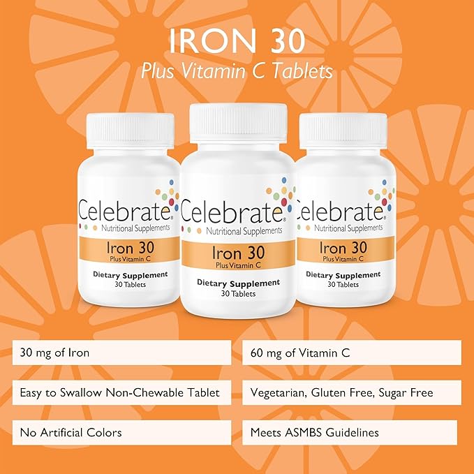 Celebrate Vitamins Bariatric Iron with Vitamin C Non-Chewable Tablets, 30 mg Iron - 90 Count