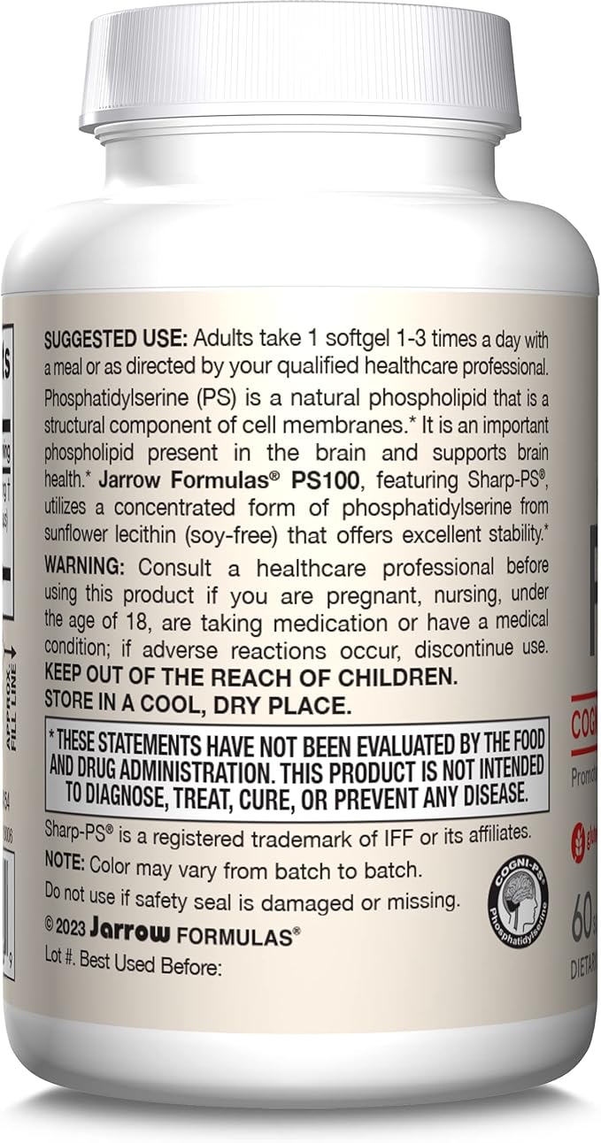 Jarrow Formulas PS100 Phosphatidylserine 100 mg, Dietary Supplement for Brain Health and Cognition Support, 60 Softgels, 20-60 Day Supply, Pack of 12