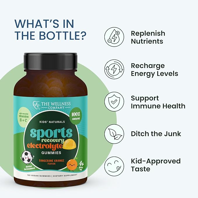 The Wellness Company Kids Sports Recovery Gummy Supplement | 60 Gummies - 1 Month Supply | Natural Eloctrlyte Booster with Essential Vitamins and Minerals to Replenish and Hydrate