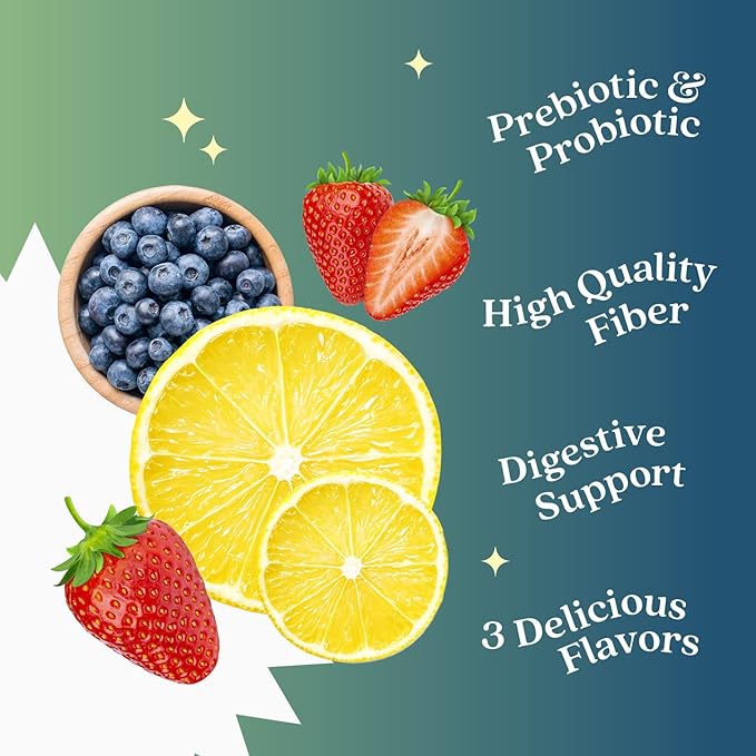 BeLive Synbiotics - Probiotic & Prebiotic Fiber Gummies – High Strength Inulin (3g), Dietary Fiber Supplement, Digestive Support for Kids & Adults - Strawberry, Lemon, Blueberry Flavor | 3-Pack