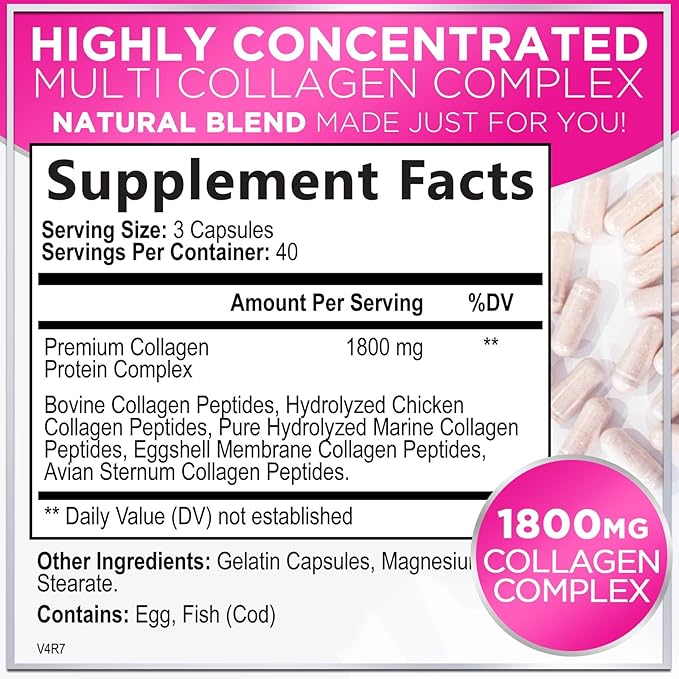 Collagen Peptides Powder Capsules for Women, 1800mg Hydrolyzed Collagen Type I, II, III, V & X, Hair, Nail, Skin, Bone & Joint Support, Collagen for Women & Men, Grass-Fed Collagen - 120 Capsules
