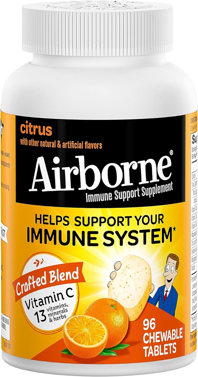 Airborne 1000mg Chewable Tablets with Zinc, Immune Support Supplement with Powerful Antioxidants Vitamins A C & E - 96 Tablets, Citrus Flavor