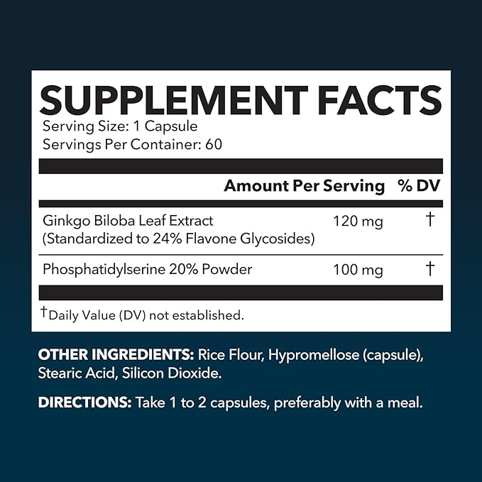 Ginkgo Biloba 120mg - Nootropic that Supports Brain Health, Mental Alertness, Memory & Focus - Energy and Focus Supplement With Ginkgo Biloba Extract and Phosphatidylserine - 60 Non-GMO Capsules