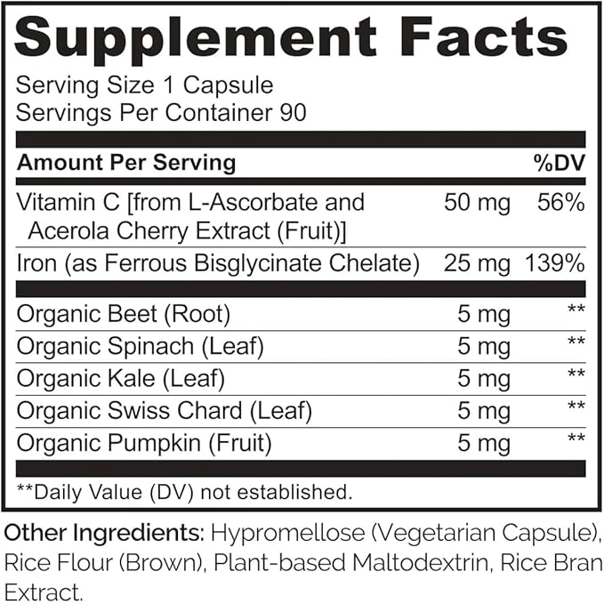 NATURELO Vegan Iron Supplement with Vitamin C and Organic Whole Foods - Gentle Pills for Women & Men w/Iron Deficiency Including Pregnancy, Anemia Diets 90 Mini Capsules