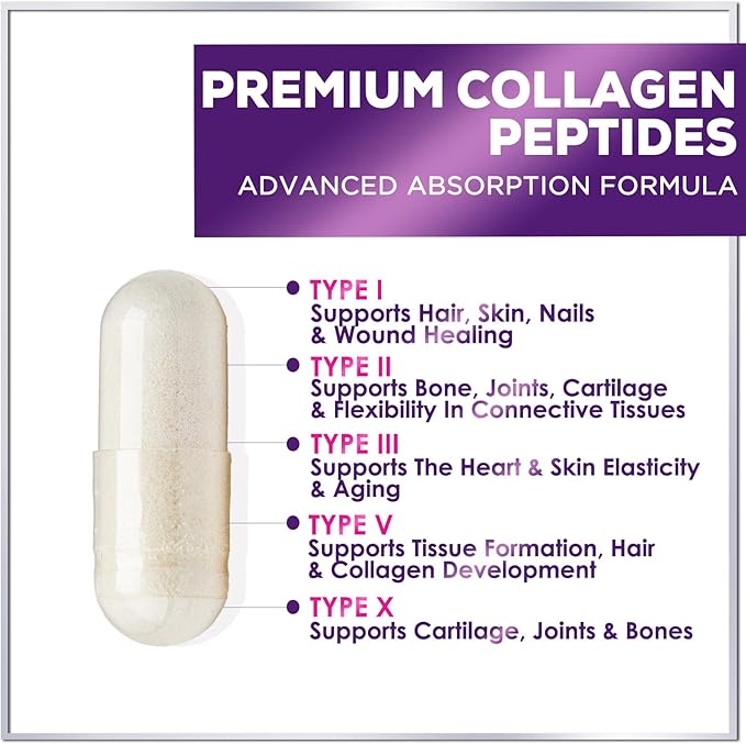 Collagen Peptides Powder Capsules for Women, 1800mg Hydrolyzed Collagen Type I, II, III, V & X, Hair, Nail, Skin, Bone & Joint Support, Collagen for Women & Men, Grass-Fed Collagen - 120 Capsules