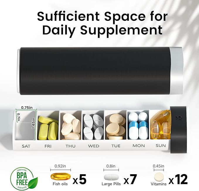 Weekly Pill Organizer 7 Day, Betife Daily Pill Box, Travel Pill Case, Cute Pill Holder to Hold Vitamins, Medicines, Supplements, Pills Organizer(Black)