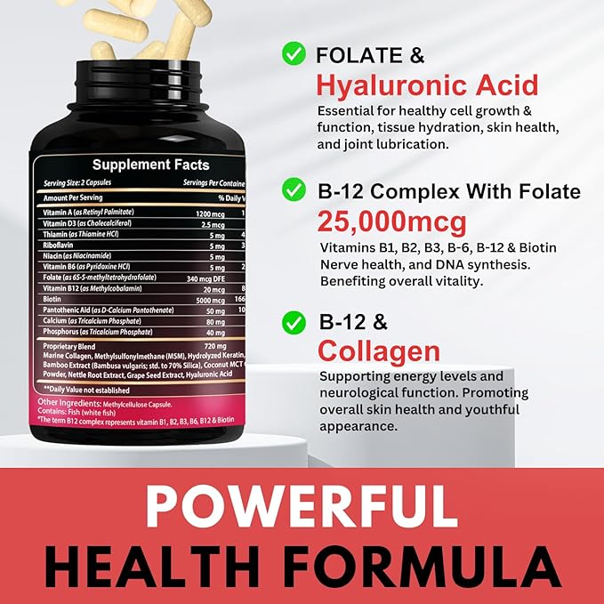 B12 with Hyaluronic Acid, Collagen, and Folate – Methylcobalamin 25,000 mcg B1, B2, B3, B6, B7 Complex for Enhanced Absorption & Energy Boost | Gluten-Free, Made in USA - Pack of 3