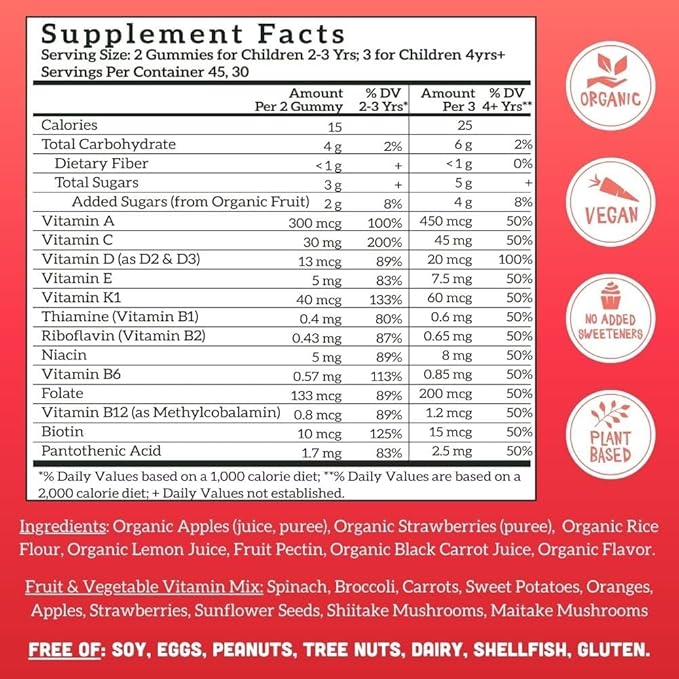 Llama Naturals Real Fruit Gummy Vitamins for Kids, No Added Sugar Cane, Beta Carotenes, Whole Food Multivitamin, Vegan Toddler Gummies, Plant Based, Organic, Chewable 90 ct (30-45 Days) Strawberry