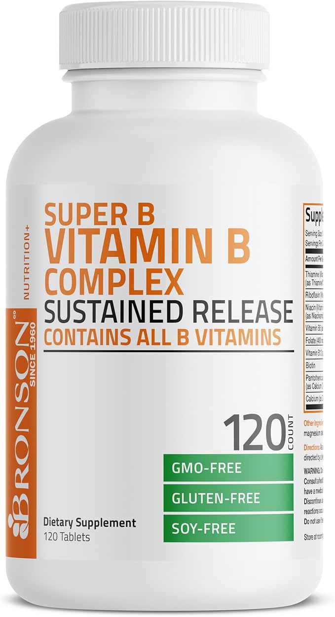 Bronson Super B Vitamin B Complex Sustained Slow Release (Vitamin B1, B2, B3, B6, B9 - Folic Acid, B12) Contains All B Vitamins 120 Tablets