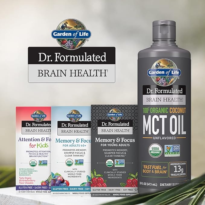 Garden of Life Dr. Formulated Attention and Focus for Kids, Supplement Promotes Healthy Brain Function, Concentration with Organic Wild Blueberry, Pine Bark, Vitamin C, D and Probiotics, 60 Count