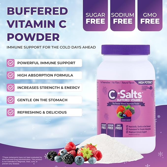 4000mg Vitamin C Powder Supplement - 100% Pure Buffered Powdered Drink with Ascorbate C - Potent Immune Support, Stomach-Friendly, Organic, Vegan, Sodium & Sugar-Free, Mixed Berry 8oz