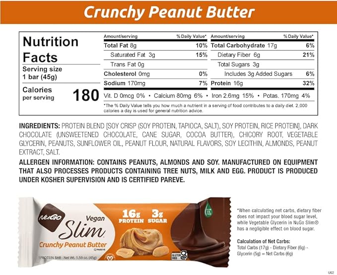 Nugo Slim Dark Chocolate Crunchy Peanut Butter, 16g Vegan Protein, 3g Sugar, 7g Fiber, Low Net Carb, Keto Friendly, Gluten Free, 24 Count