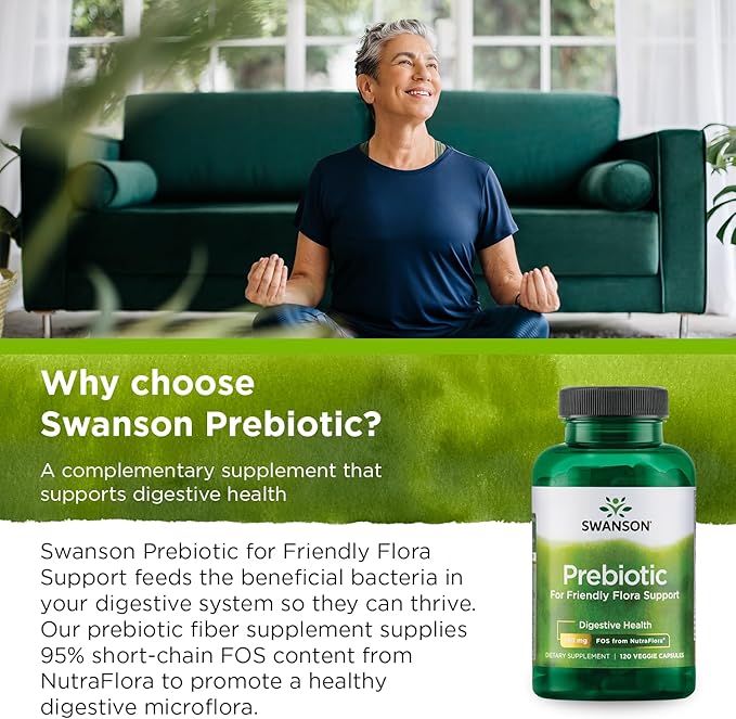Swanson Prebiotic Capsules - Promotes Friendly Flora Support & Overall Digestive Health - Prebiotic Fiber Promoting Gut Health & Immune Health Support - (120 Veggie Capsules, 750mg Each) 1 Pack