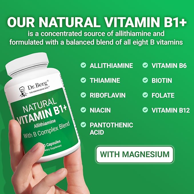 Dr. Berg Natural Vitamin B1 B6 B12 Complex - Allithiamine Vitamin B1 Supplement with 8 Essential Vitamin B Complex for Men & Women Including Thiamin, Niacin, Folate, Magnesium & More - 60 Capsules
