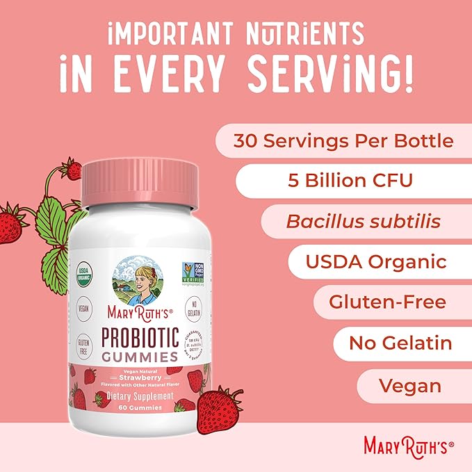 MaryRuth Organics USDA Organic Probiotic Gummies |Probiotics forWomen & Men Digestive Health & Gut Comfort Supplement 5 Billion CFU | Immune & Digestive Support | Vegan | Non-GMO | 60 Count