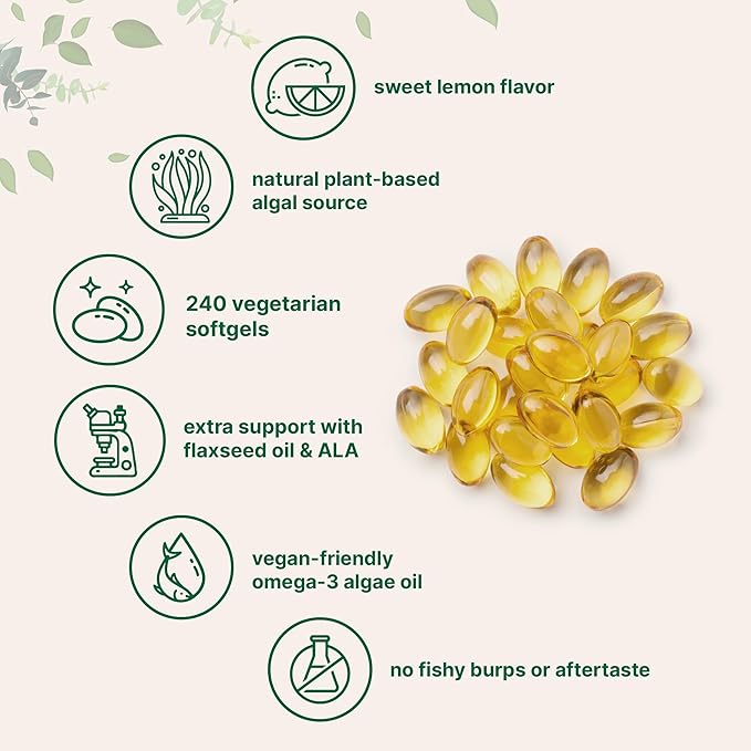 Vegan Omega 3 Algae Oil, 240 Veggie Softgels | Fish Oil Alternative | DHA 500mg & DPA 100mg | Carrageenan Free | Plant-Based Omega 3 with Flaxseed & ALA | Lemon Flavored