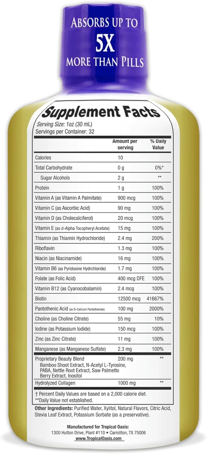 Tropical Oasis - Liquid Beauty | Supplement for Hair, Skin, & Nail Growth, Weight Control, Joint Support - Biotin + Hydrolyzed Collagen (32 Servings)