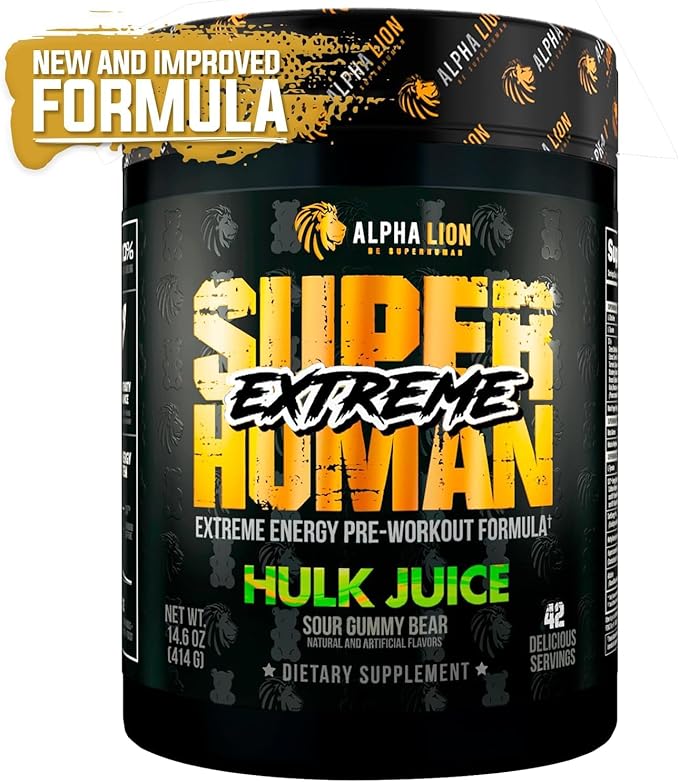 ALPHA LION Superhuman Extreme Pre Workout Powder, Beta Alanine, L-Taurine & Tri-Source Caffeine for Sustained Energy, Nitric Oxide & Citrulline for Pump (21 Servings, Sour Gummy Bear Flavor)