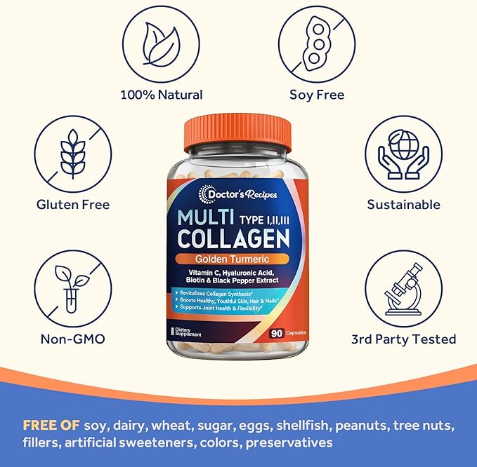 Doctor's Recipes Multi Collagen Peptides with Golden Turmeric, Vitamin C, Biotin, Hyaluronic Acid & Black Pepper, Collagen Supplements for Skin, Hair, Nail & Joint, Collagen for Women and Men, 90 Caps