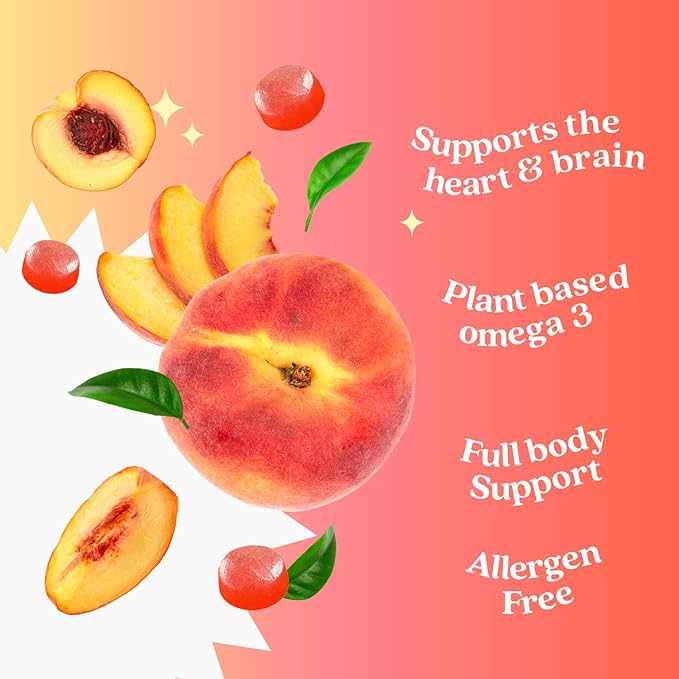 BeLive Organic Omega 3 Gummies - Omega 3 6 9 7 DHA & EPA from Flaxseed Oil & Sea Buckthorn Fruit Oil, Vegan Omega 3 for Kids & Adults, Full Body, Brain & Eye Support, Sugar Free – Peach | 3-Pack