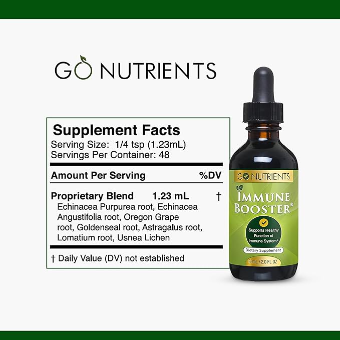 Go Nutrients Immune Boosters for Adults and Kids - Immune Support Supplement with Echinacea Goldenseal & More - 7 in 1 Immunity Supplement - Fast Acting for Onset of Symptoms - 2.0 oz. | 48 Servings
