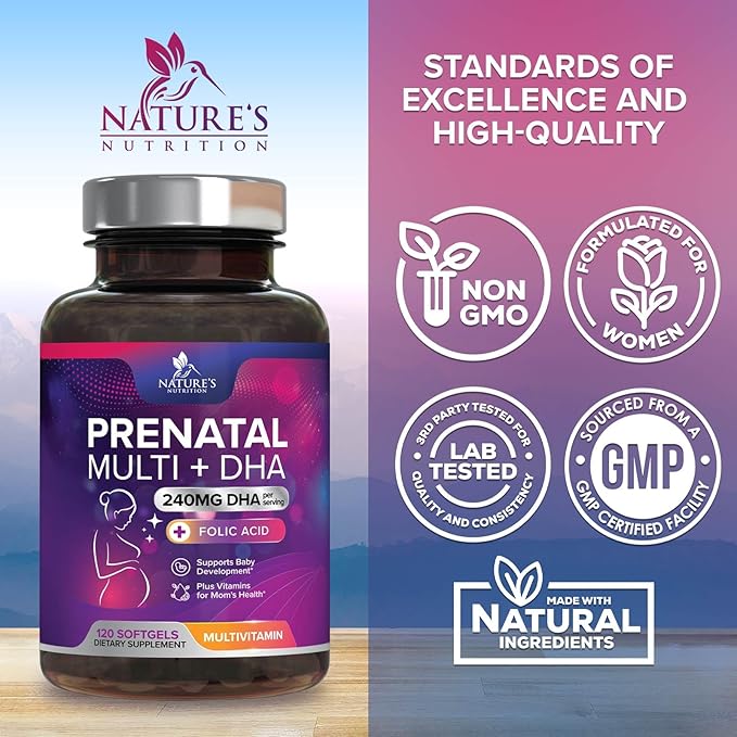 Women's Prenatal Multivitamin with Folic Acid + DHA, Prenatal Vitamin Supplement for Fetal Support w/Folate, Omega 3, Vitamins D3, B6, B12 & Iron, Pregnancy Prenatal DHA, Non-GMO - 120 Softgels