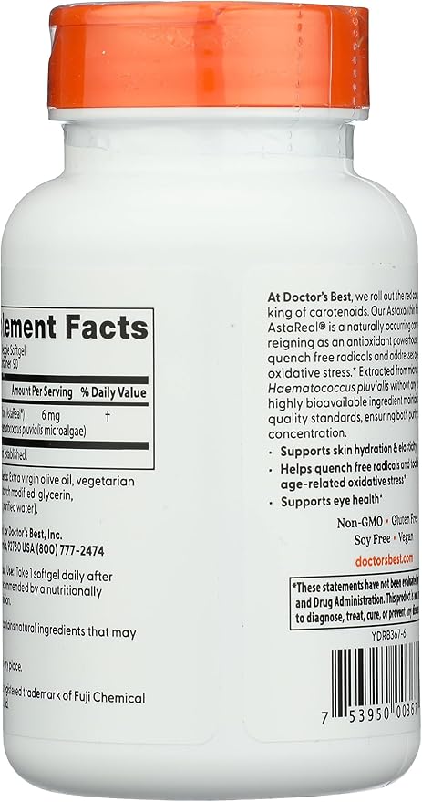 Doctor's Best Astaxanthin, Powerful Antioxidant, Skin, Eye Health, Non-GMO, Gluten Free, Vegan, Soy Free, 6 mg, 90VSG