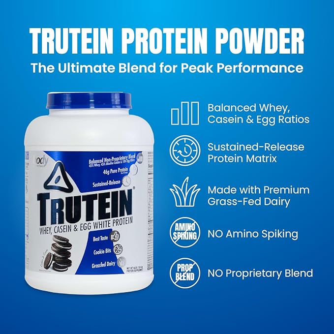 Body Nutrition Trutein High Protein Powder: 45% Whey, 45% Casein, 10% Egg White Protein Shake Mix, Low Sodium, Low Carb Protein Supplement Powder for Men & Women, Cookies & Cream, 4lb