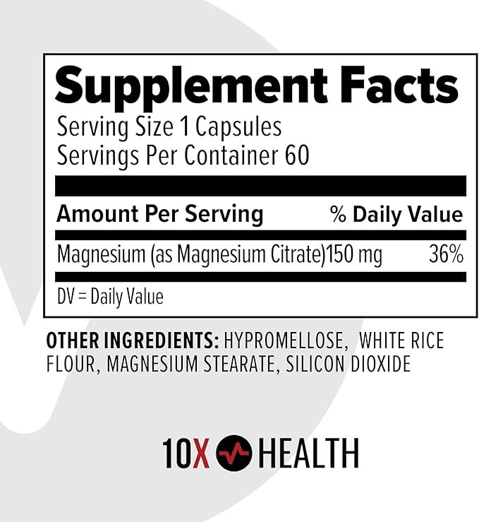 10X Health Magnesium Citrate Capsules - Magnesium Supplement for Adults to Support Sleep, Muscle Function, Stress, Cardiovascular & Heart Support - 60 Capsules