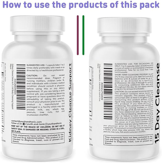 Youth & Tonic 15 Day Colon & Kidney Cleanse – Full Body Detox Pills for Bloating, Gut, Bladder, Urinary Tract & Kidney Flush Support – Senna & Cranberry Herbal Supplement, 60 Pills for Men & Women