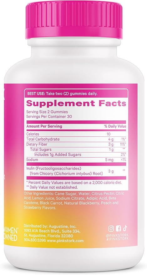 Pink Stork Prenatal Fiber Gummies for Women - 3g Prebiotic Inulin from Chicory Root - Natural Pregnancy & Postpartum Stool Softeners for Constipation & Digestive Health - 60 Vegan Fiber Chews